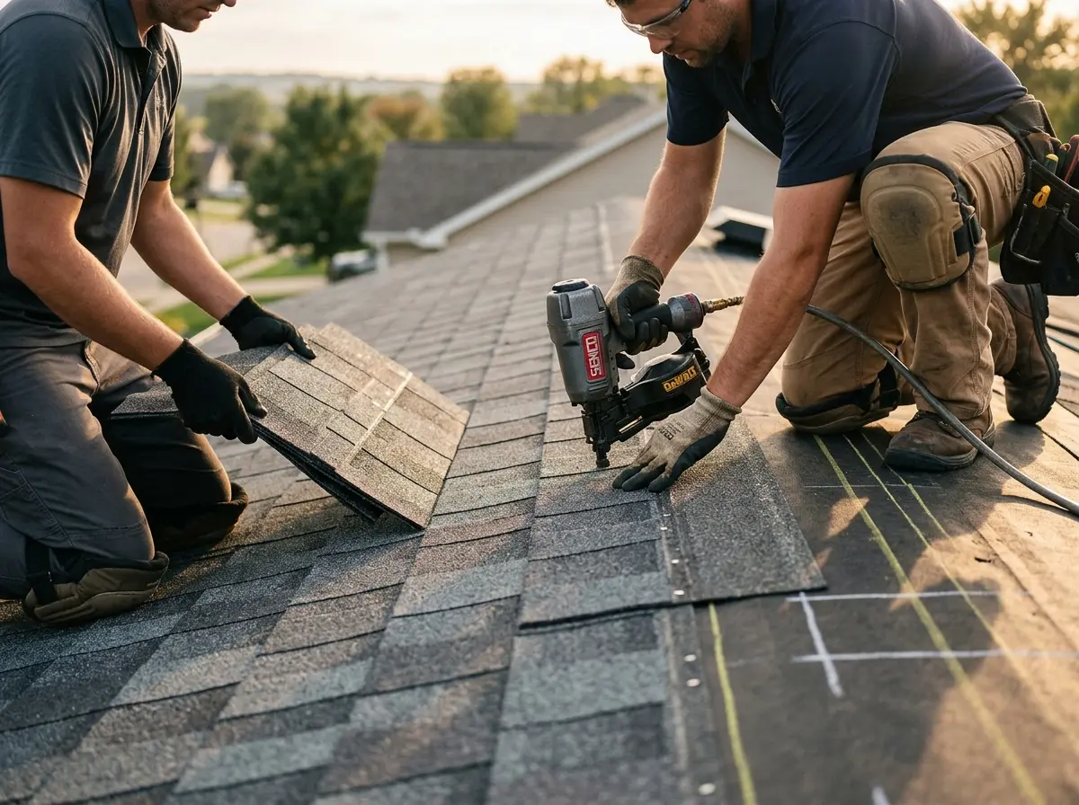 Professional roofer working on a residential roof in Lufkin